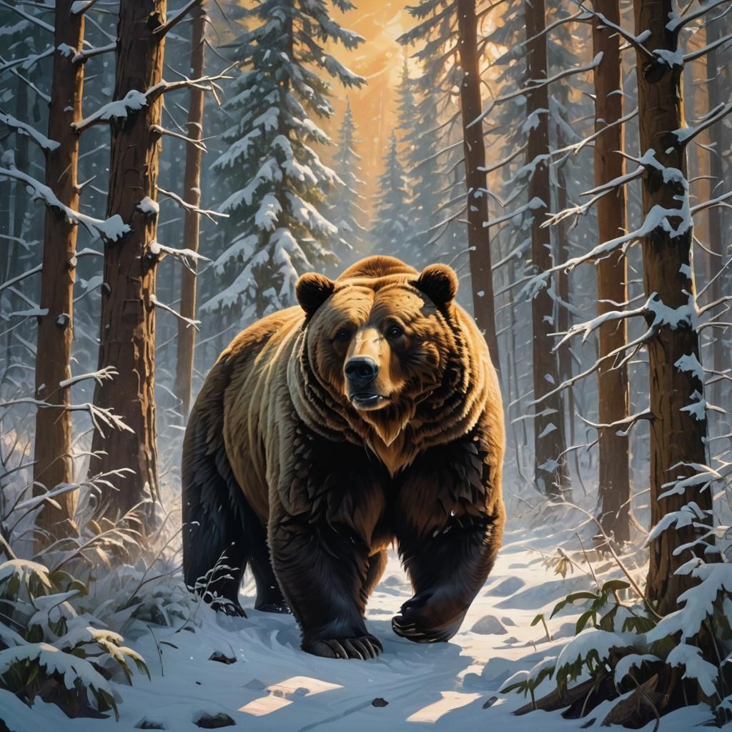 Mythical Brown Bear in Snow-Covered Forest