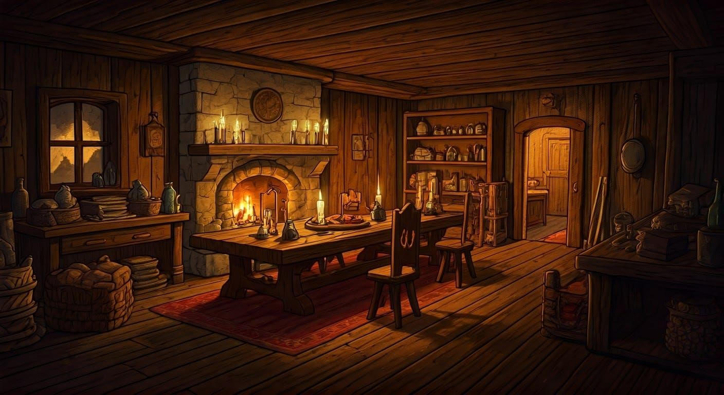 Whimsical Home Scene in Folk-Art Style, Reminiscent of Dunge...