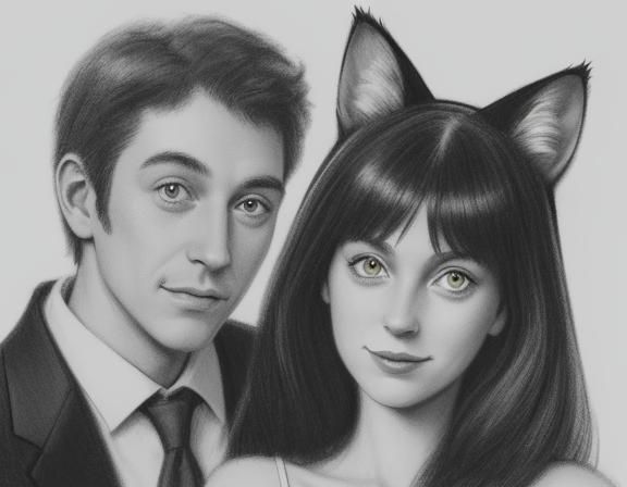 Vintage Holiday: Cat-Headed Couple in Pencil Sketch