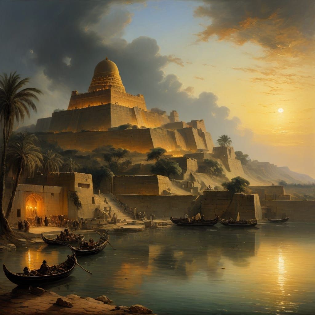 Ancient Babylon Cityscape in Golden Dusk