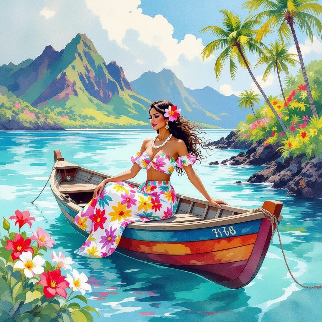 Hawaiian Hula Dancer in Art Nouveau Watercolor