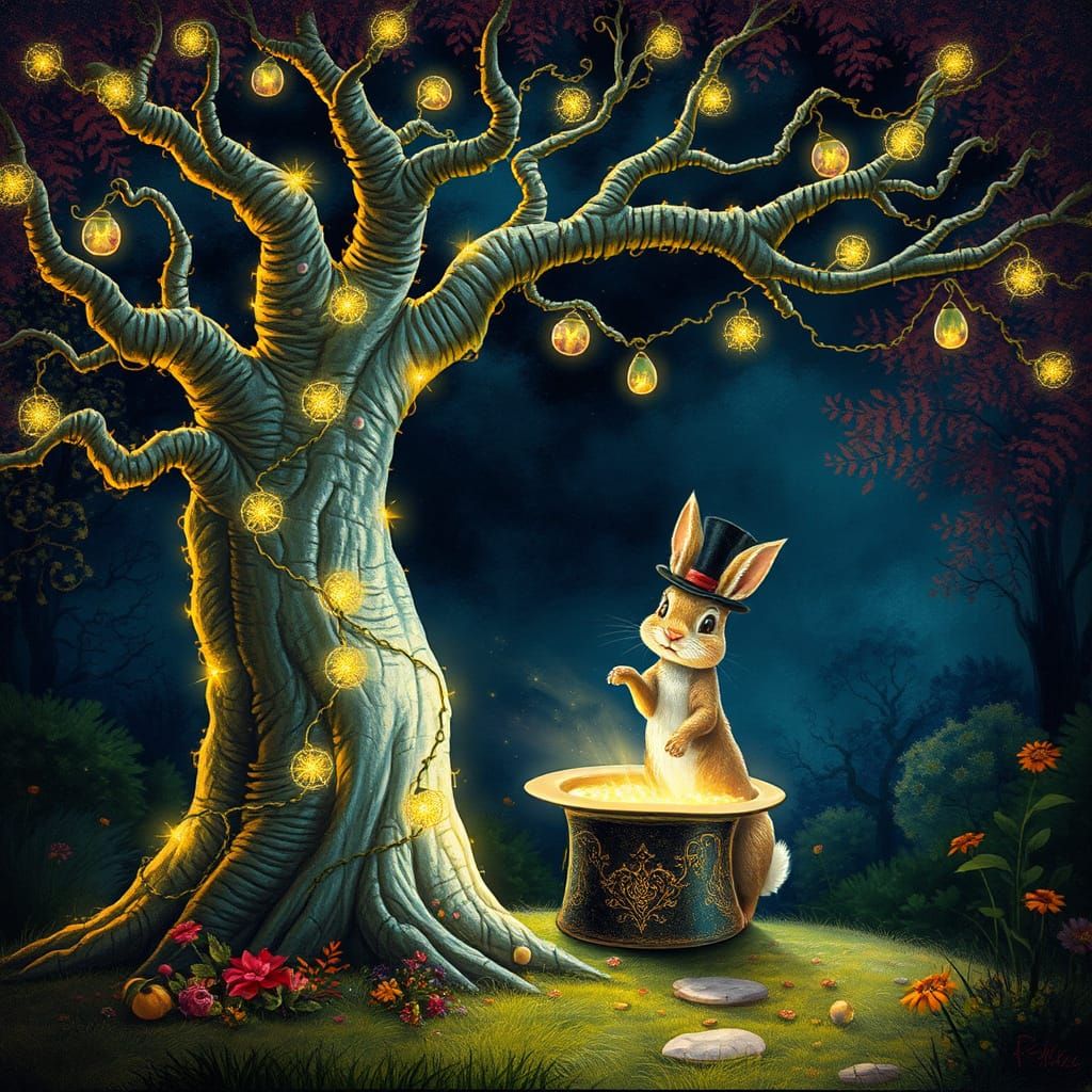 Whimsical Tree Conjures a Rabbit in a Glowing, Crystal Branc...