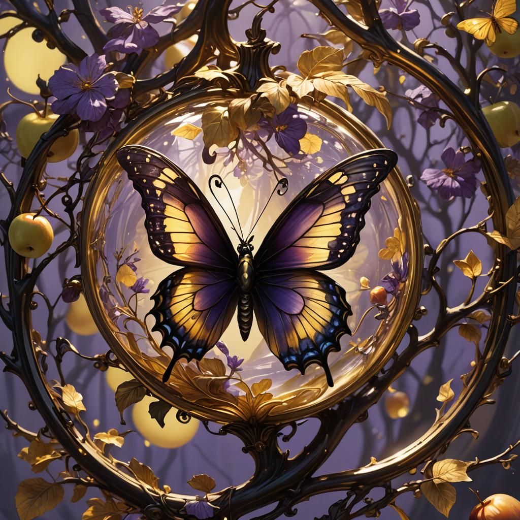 Butterfly and Golden Apple in Art Nouveau Style