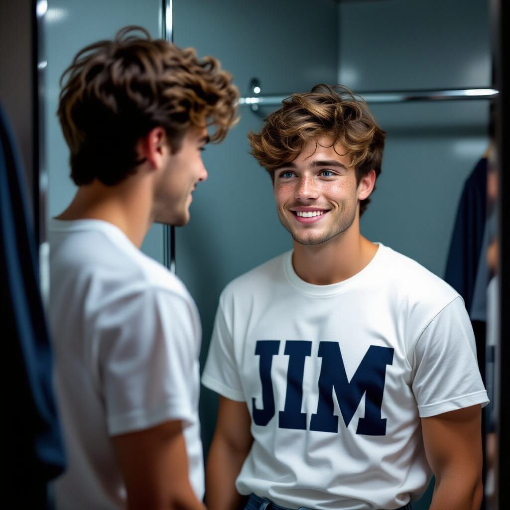 Young Man Checks Out His 'JIM' T-Shirt in Moody Changing Roo...