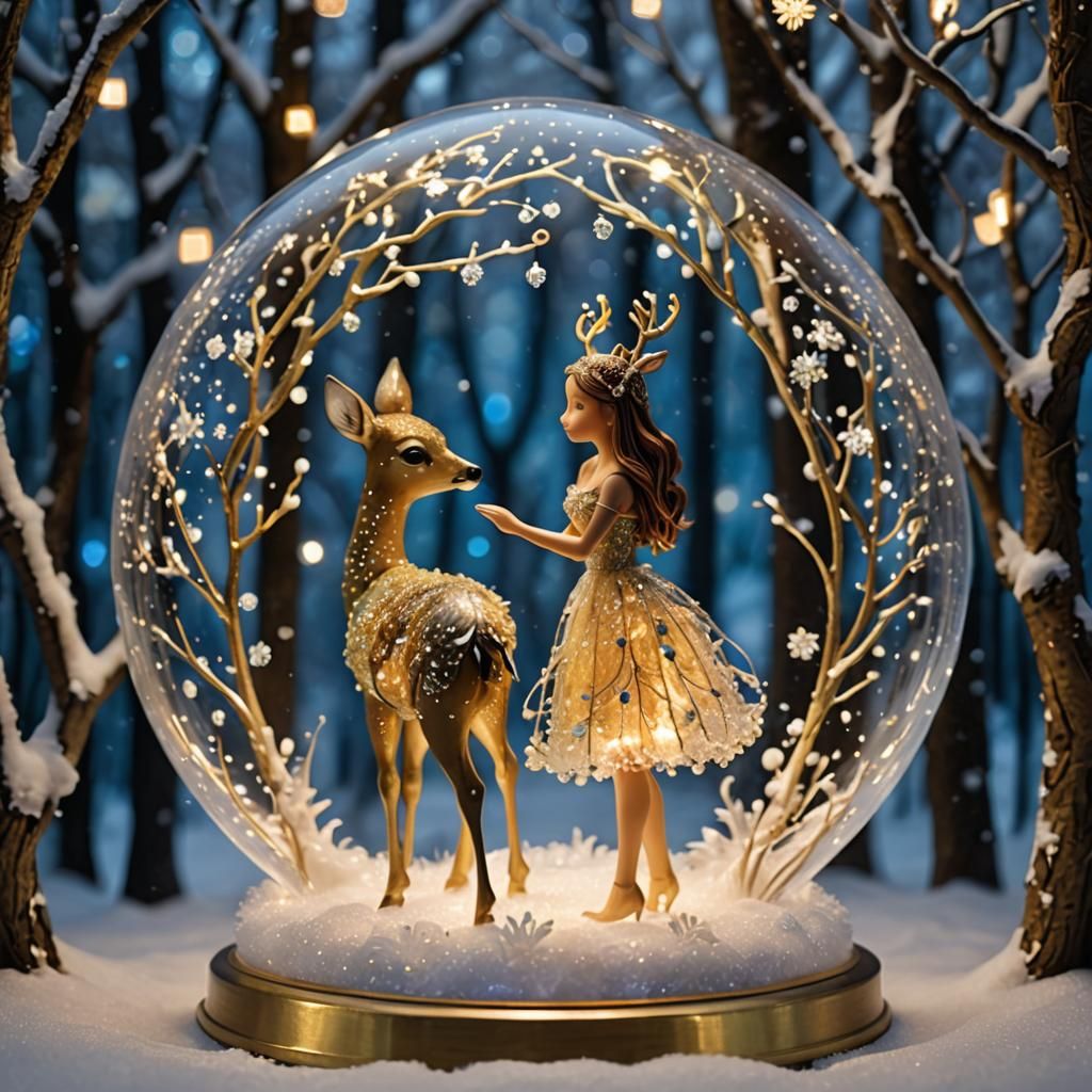 Enchanted Forest Fawn in Snow Globe, Klimt Style