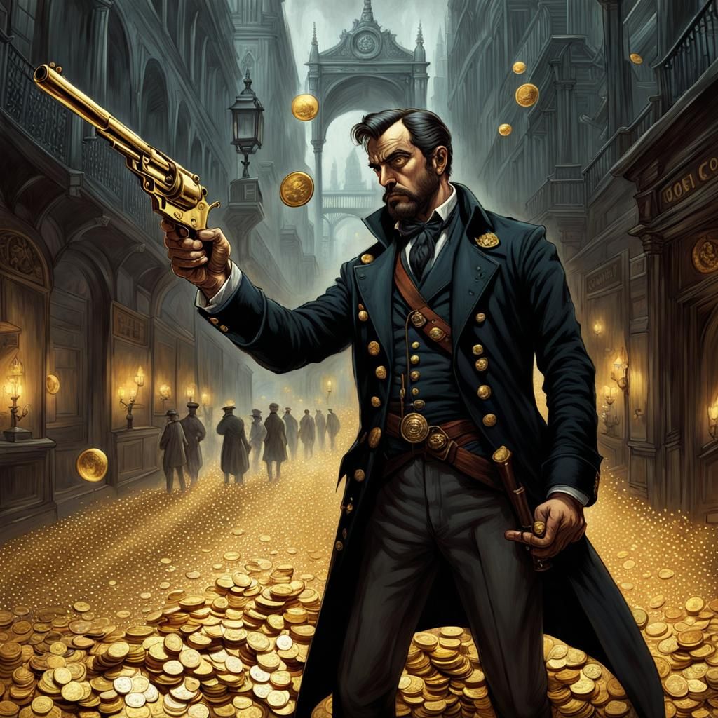 Man with Gun in Gold Coin Canvas Art