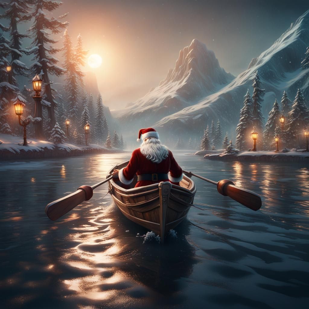 Santa Claus Drives a Boat on Rough Seas