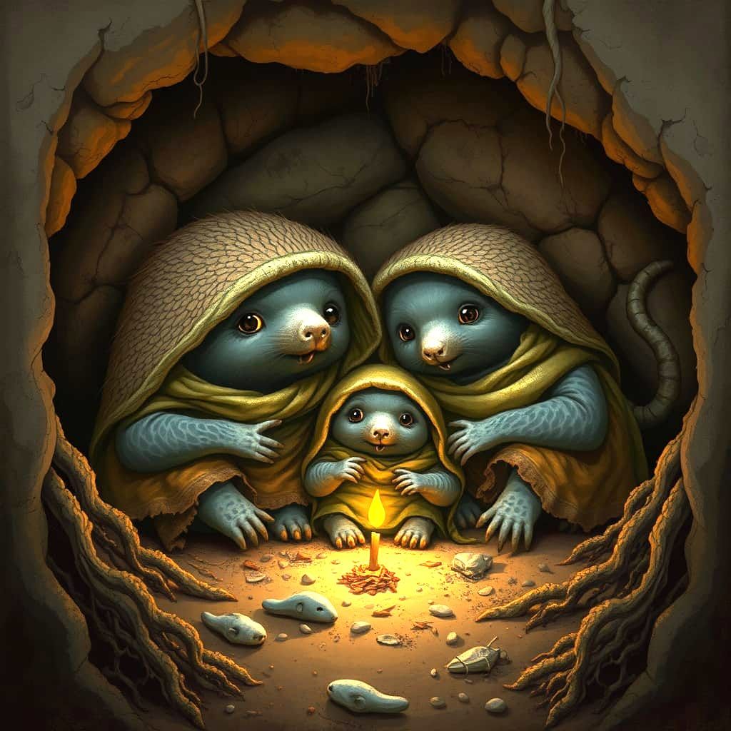 Realistic Mole Family in Cozy Underground Den