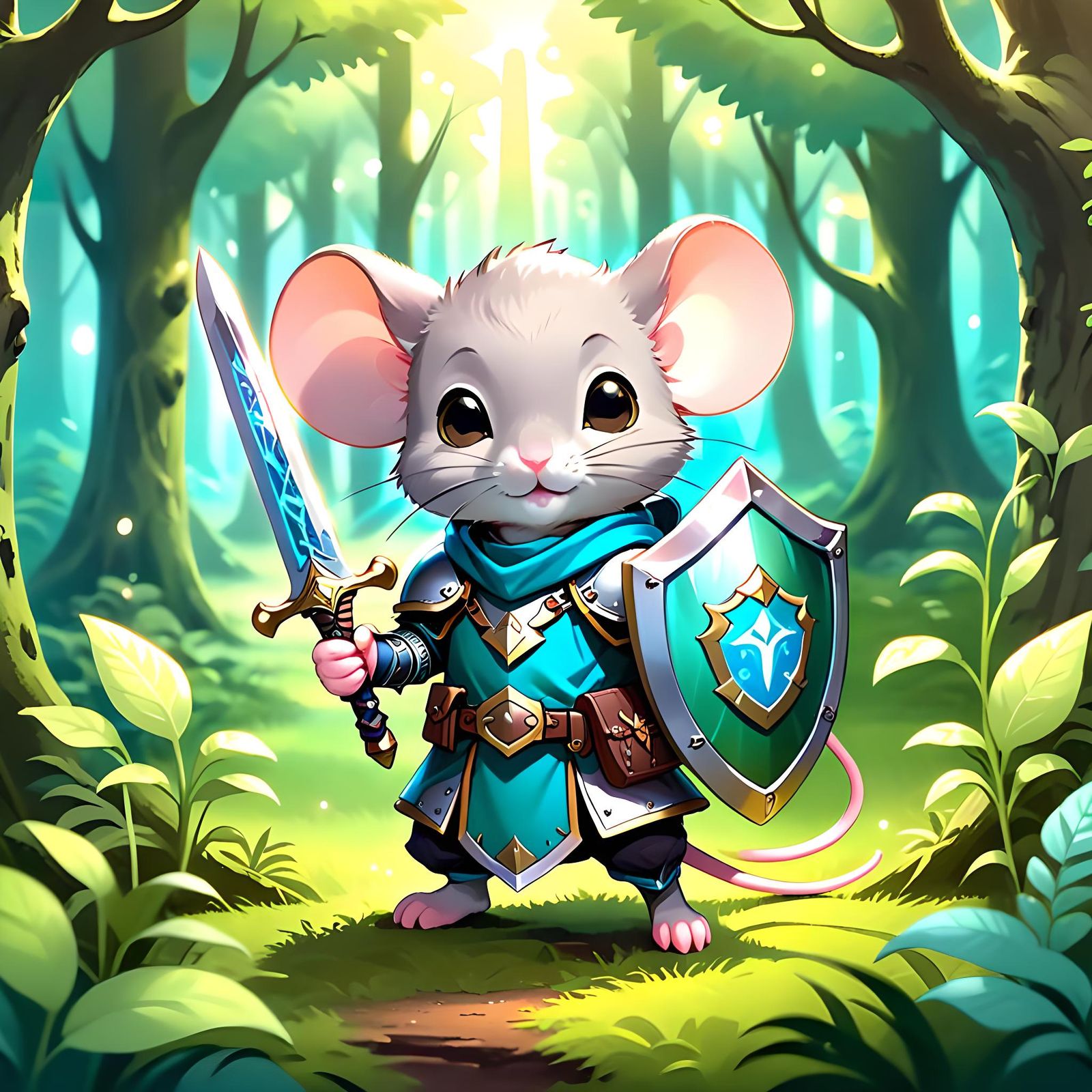 Mouse Paladin in Whimsical Fantasy Forest Illustration