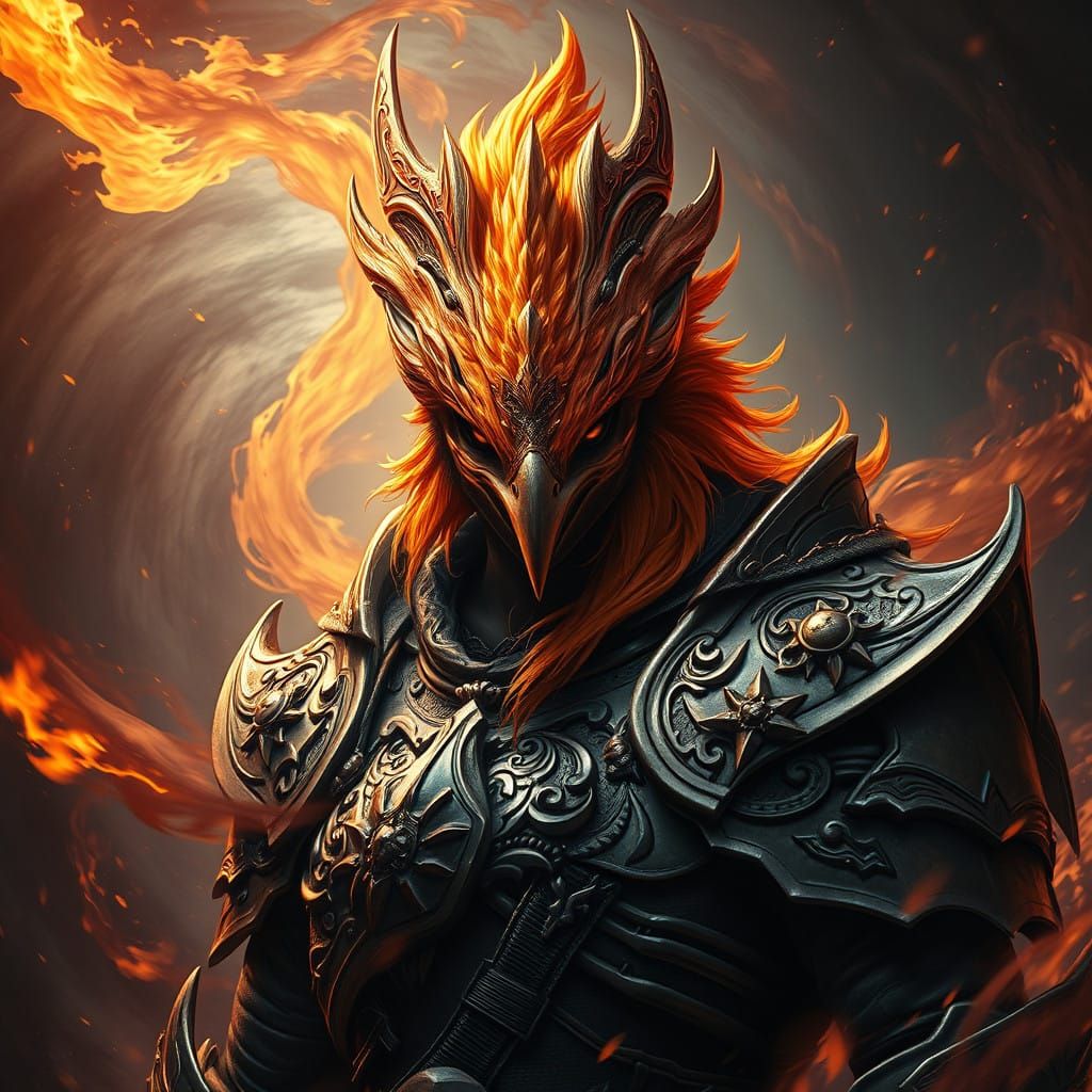 Epic Dark Fantasy Warrior in Phoenix Armor