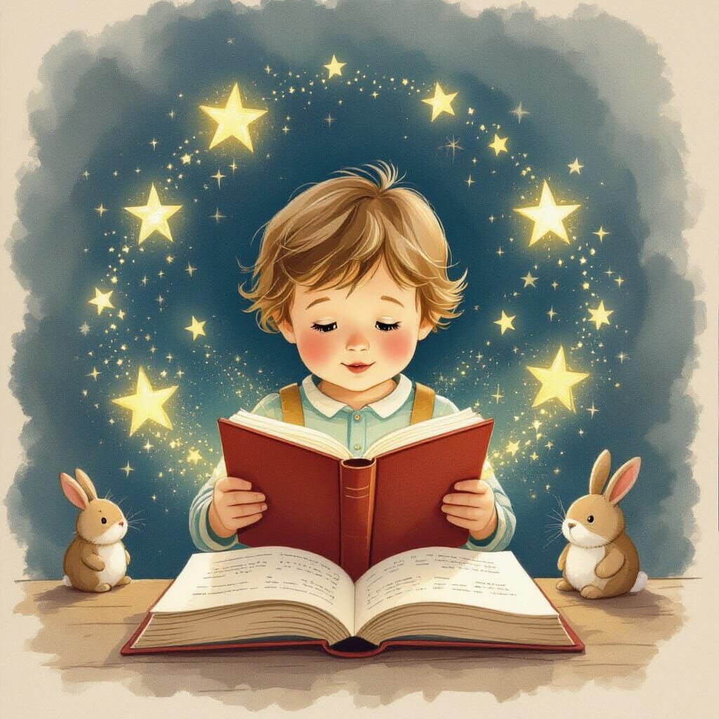 Boy Reading Book Surrounded by Magic, Surreal Illustration