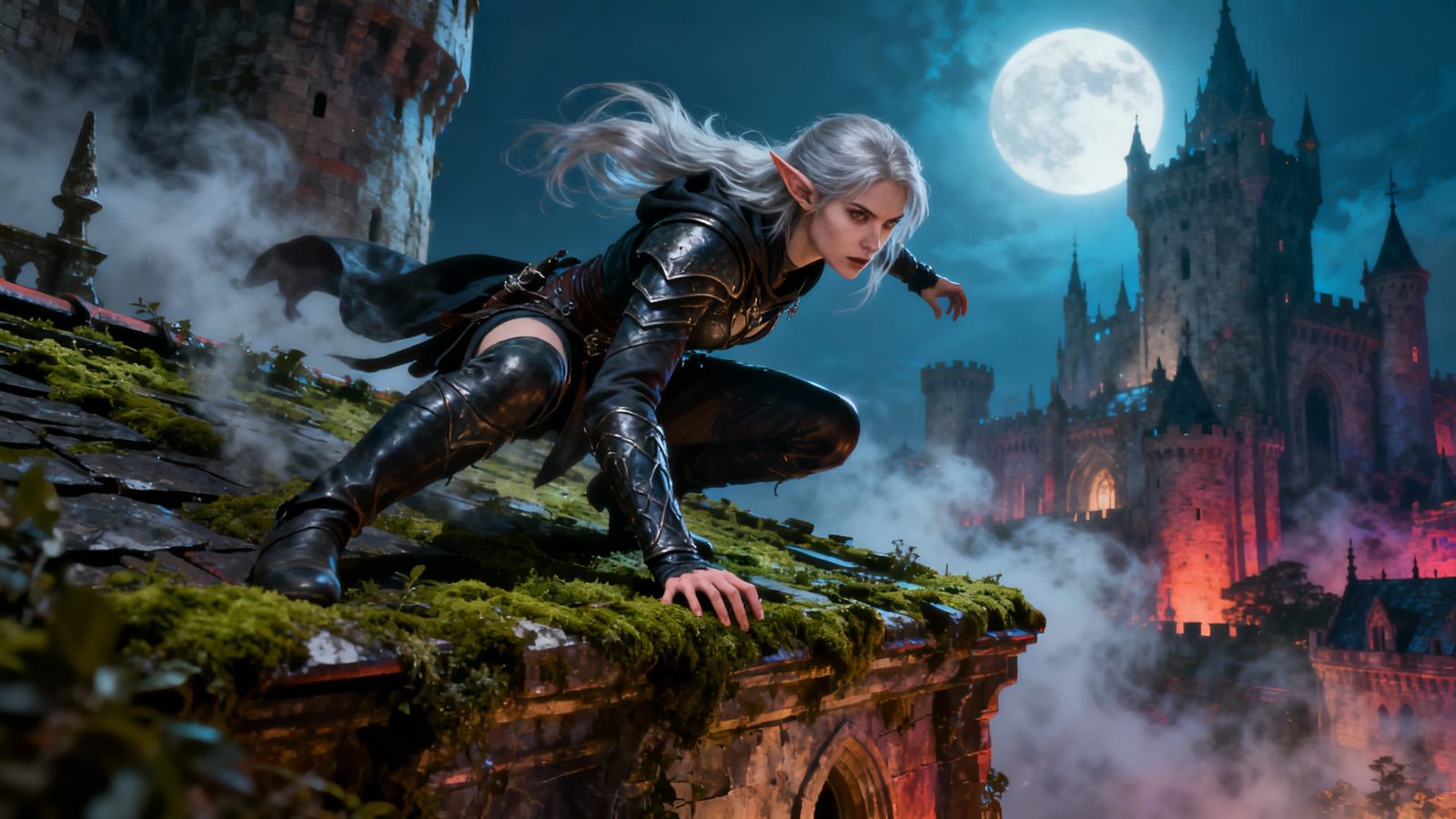 Elf Assassin on Castle Rooftop in Moonlight