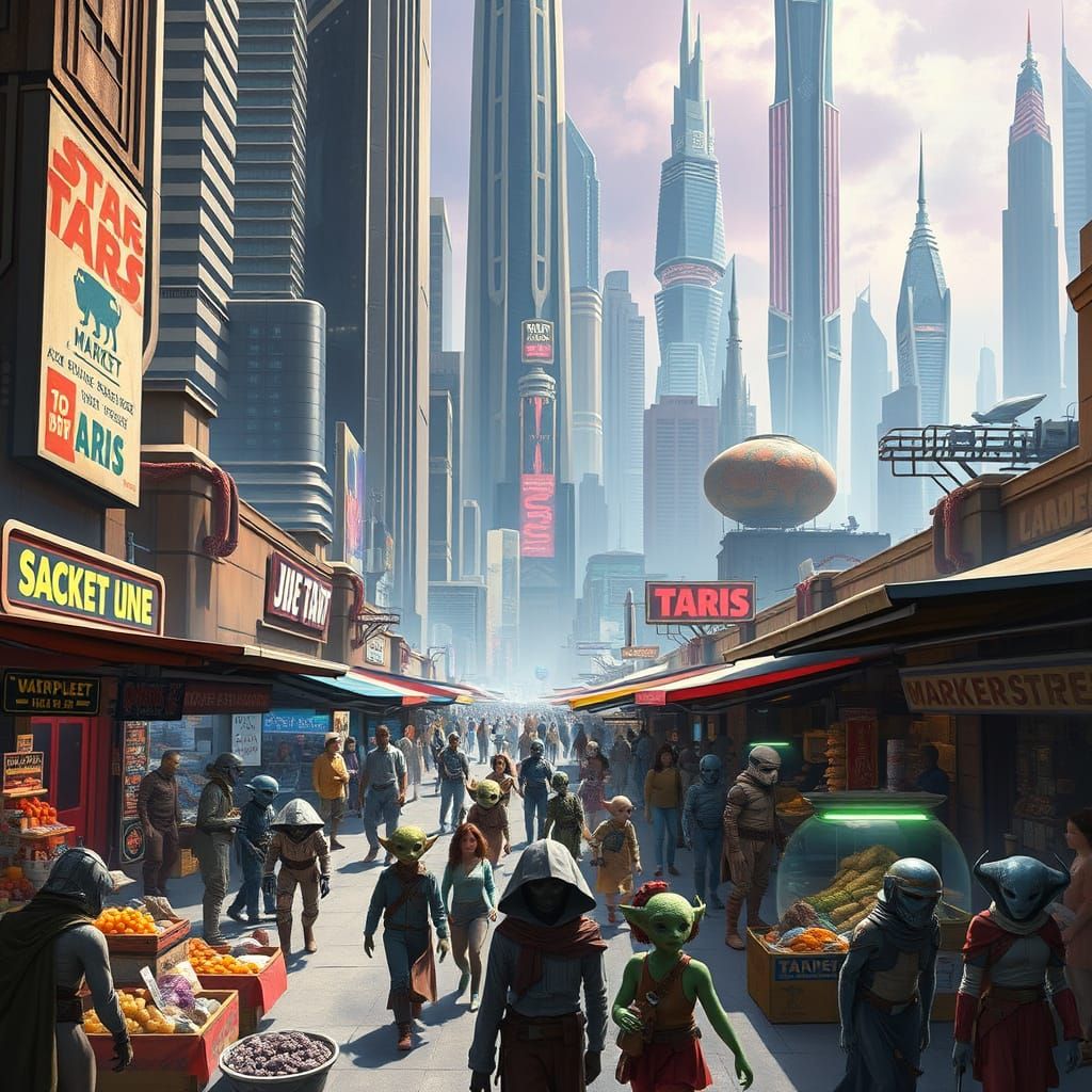 Vibrant Market Scene on Taris with Futuristic Cityscape