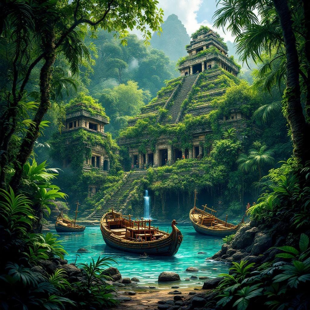 Mayan Temples and Shipwrecks in Dreamlike Jungle