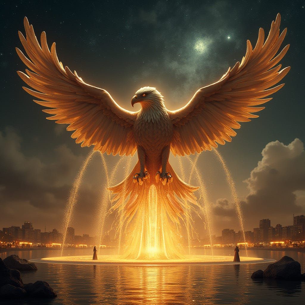Futuristic Eagle Fountain in Golden City
