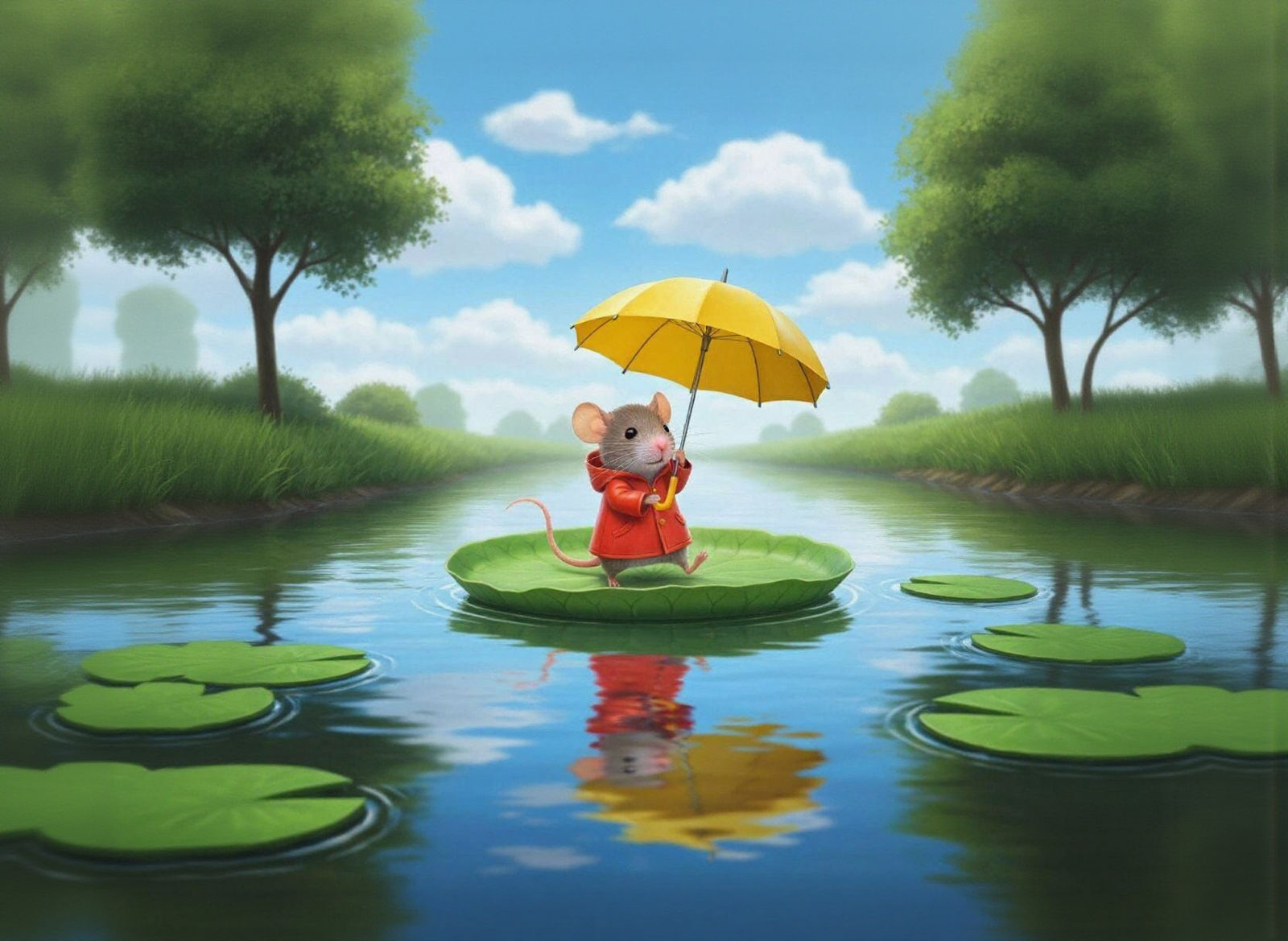 Mouse in Raincoat Sailing on Leaf Boat