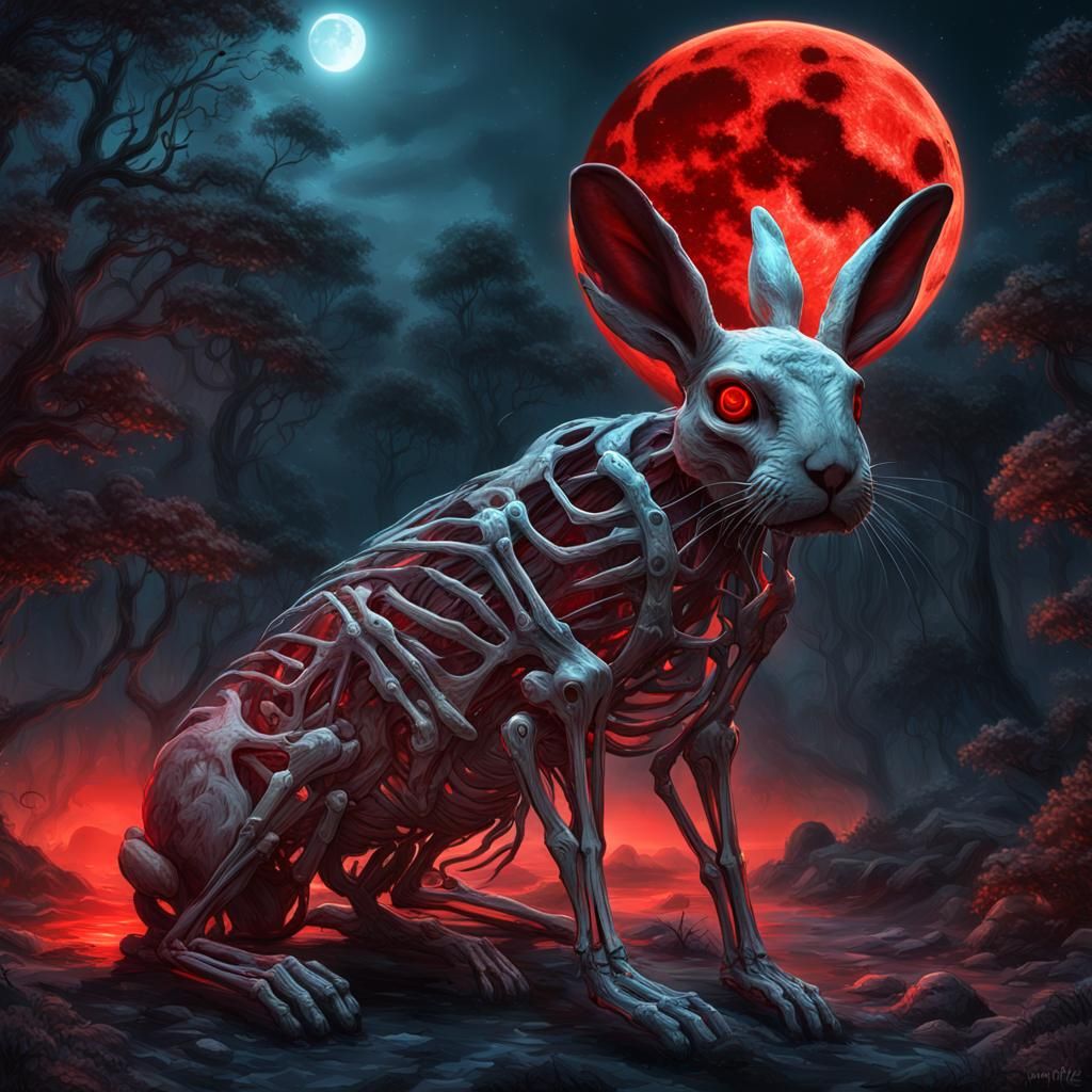 Bioluminescent Rabbit Skeleton in Red Rainforest