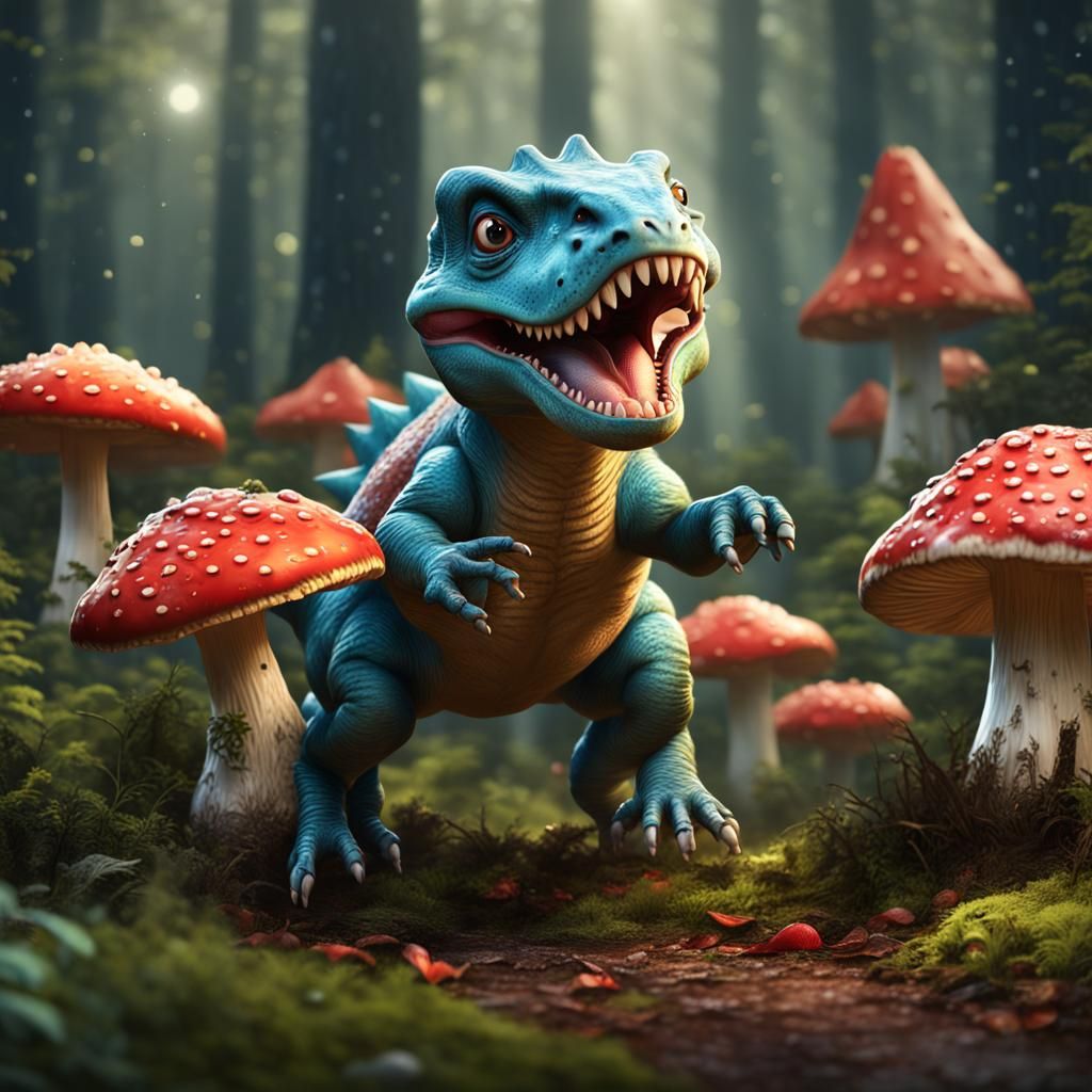 Happy Dinosaur Jumps Over Mushroom: Matte Painting