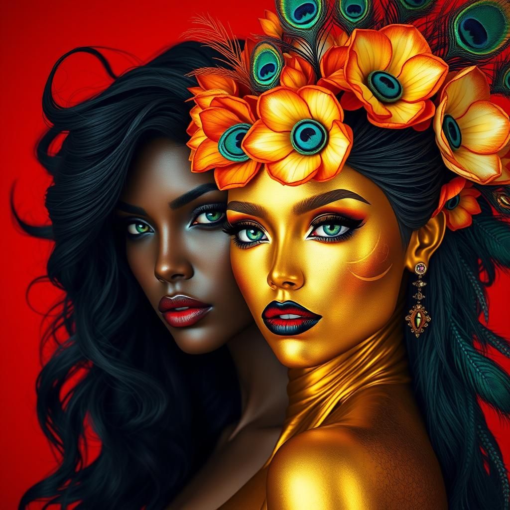 Gold-Skinned Woman with Peacock Feathers, Art Nouveau Portra...