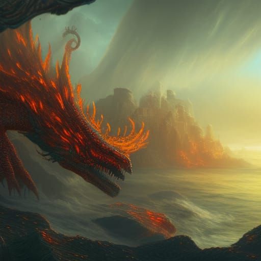 Burning Lighthouse Besieged by Scaly Monsters