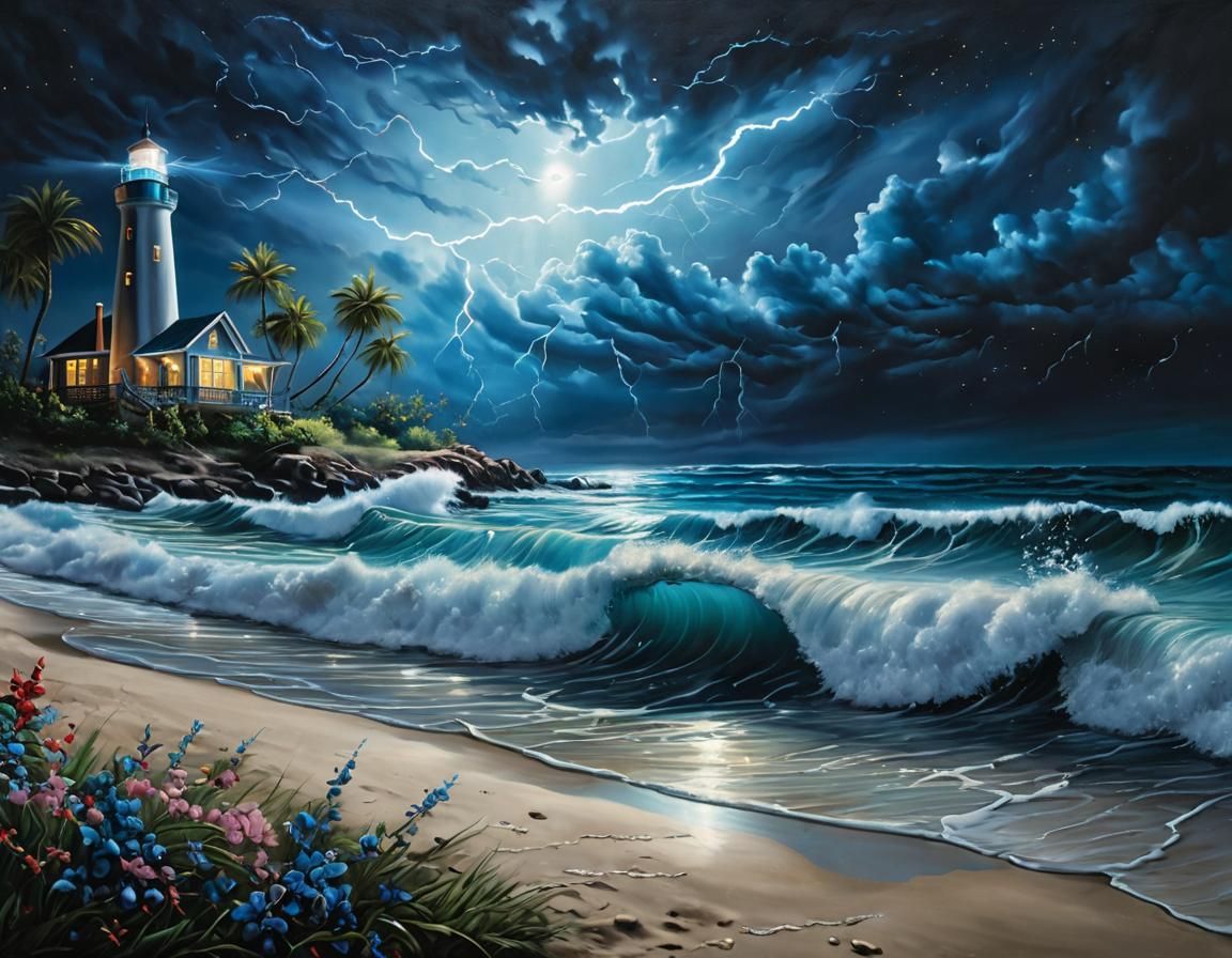 Moody Oil Painting: Lightning Strikes Beach at Night