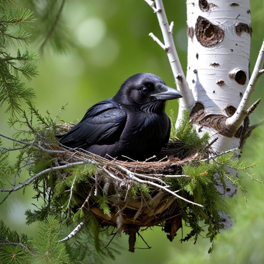 Adorable Raven Chick in Birch Tree Nest