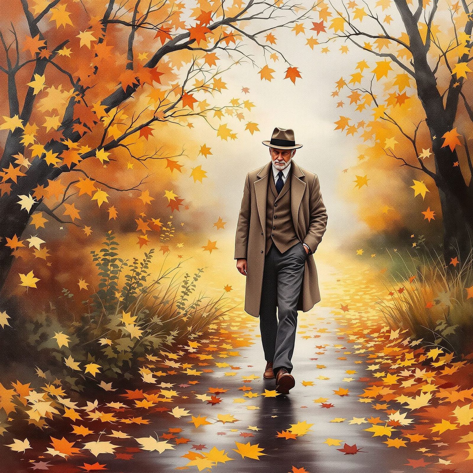 English Autumn Scene in Gouache Style