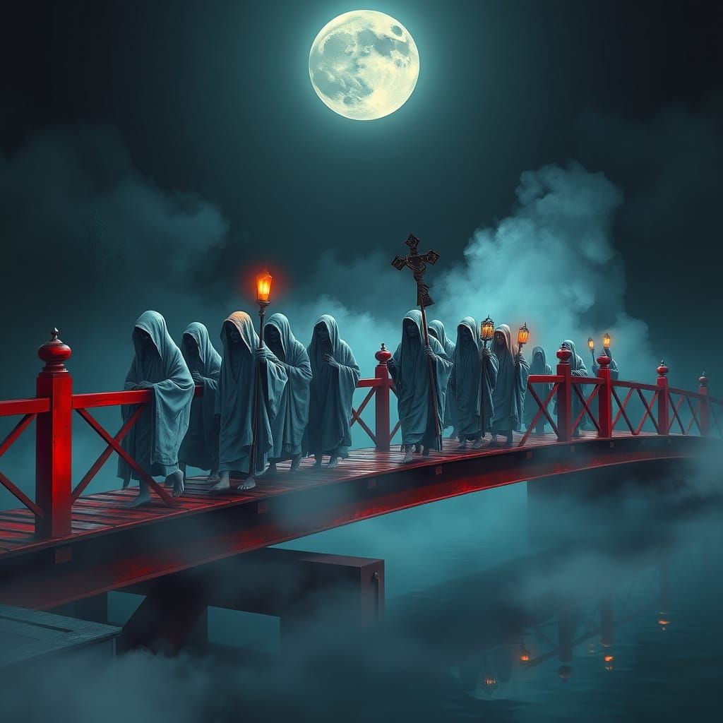 Ethereal Souls Procession Across Crimson Bridge in Lunar Glo...