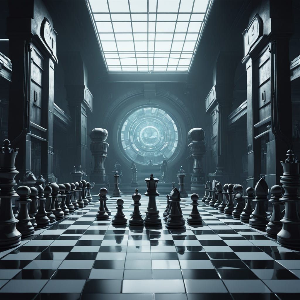 Epic Black and White Chess Arena in High-Contrast 8K