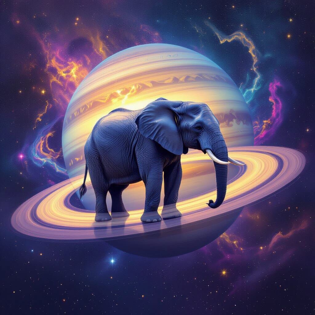 Majestic Elephant on Saturn's Rings in Cosmic Style