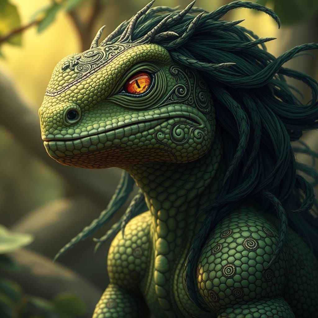 a lizard queen, skin is textured and green with swirls, dark green hair and yellow eyes
