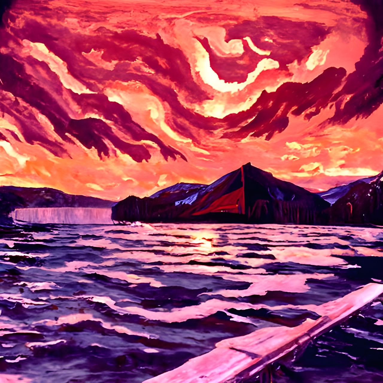 Lake of Blood: Ominous Sunset in Magic Realism