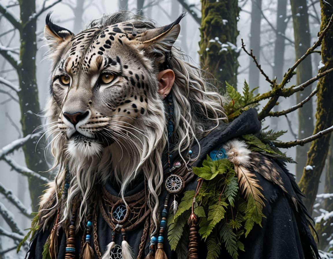 Celtic Druid Wizard Transforms into Snow Leopard