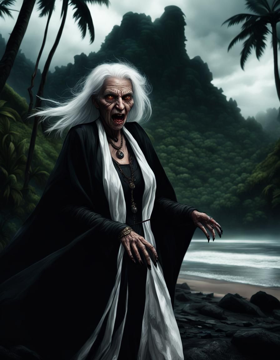 Creepy Old Crone in Dark Tropical Forest