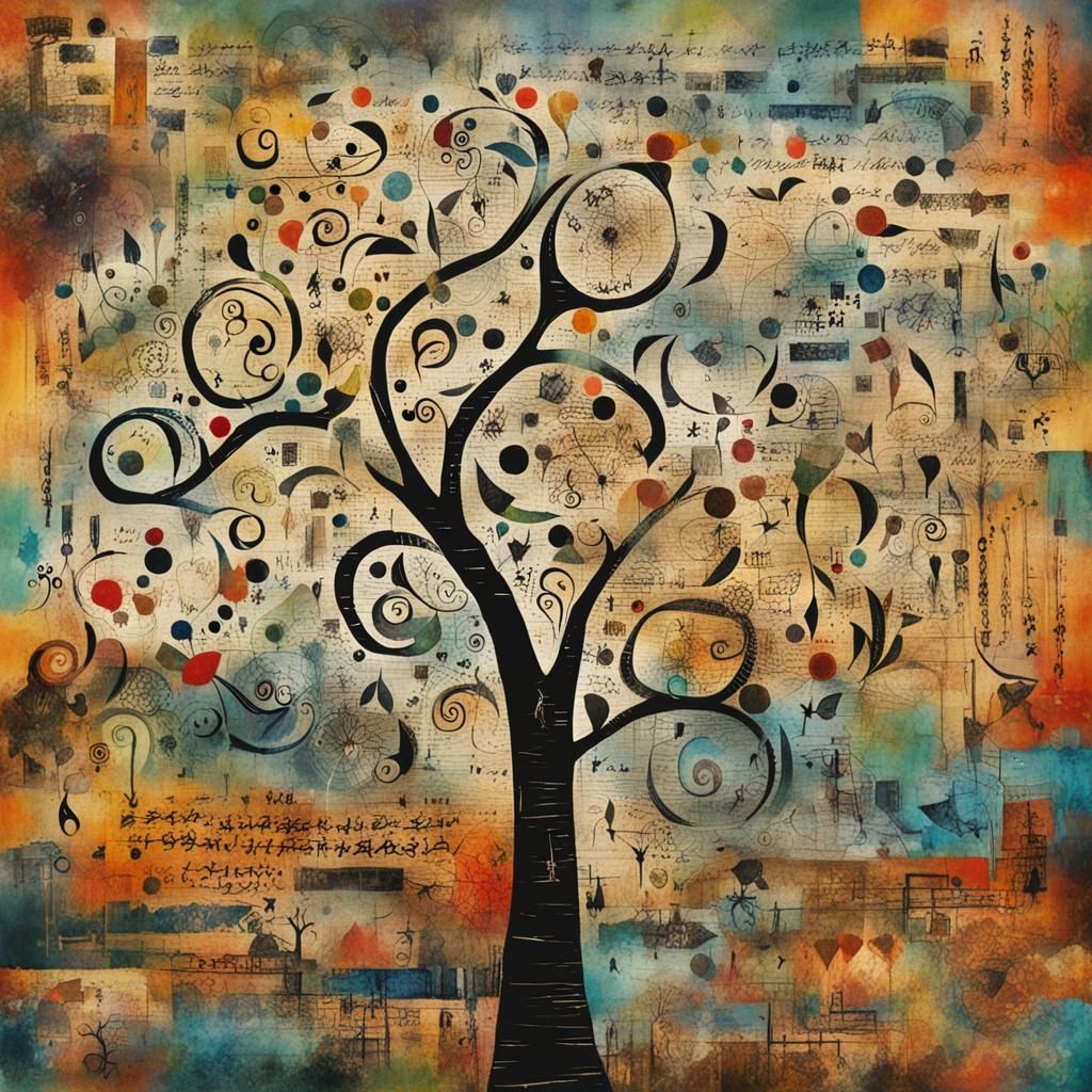 Whimsical Symbolic Tree in Typographic Asemic Style