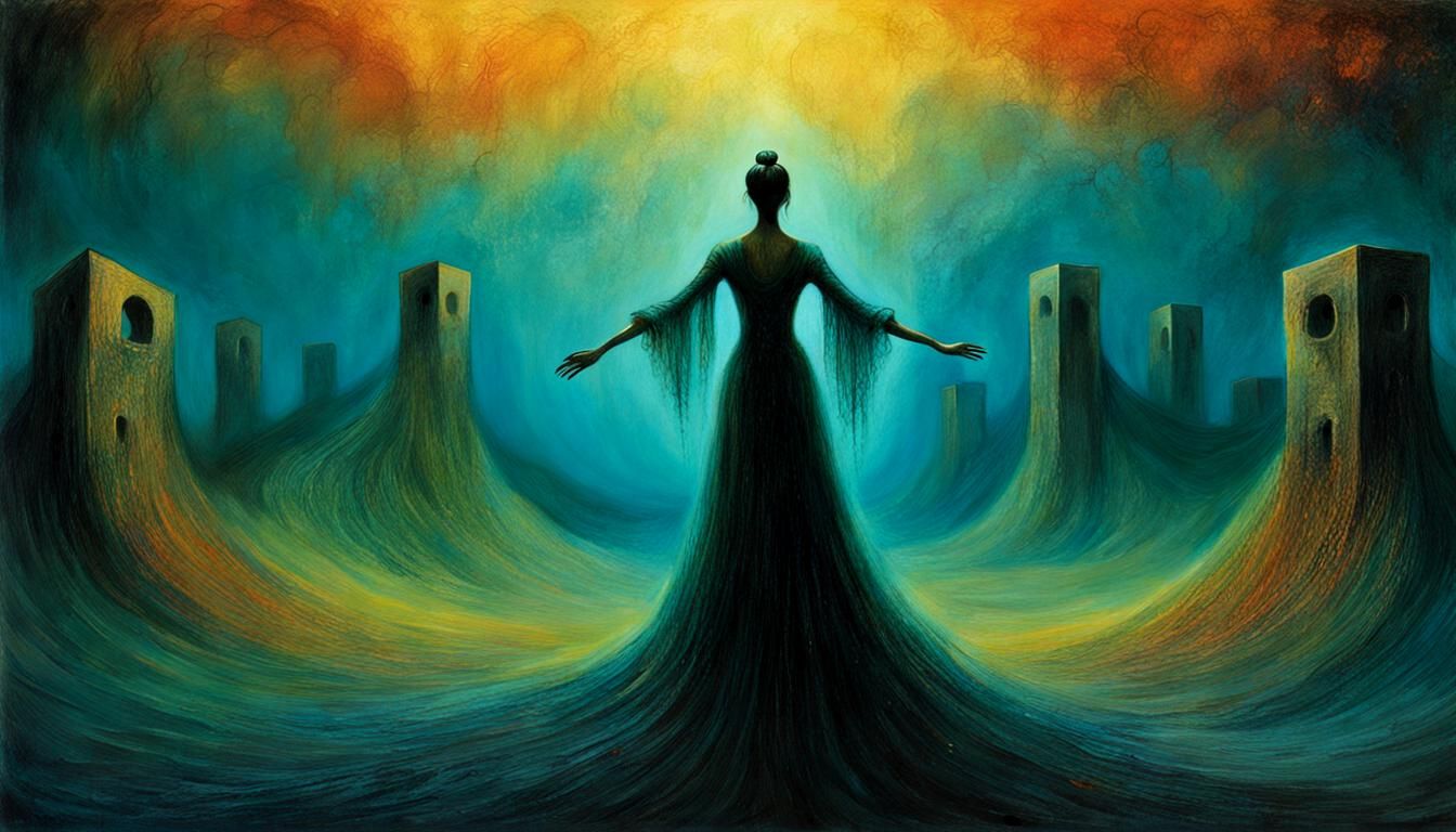 Cosmic Serenade with Bioluminescent Dancers, in Dark Surreal...