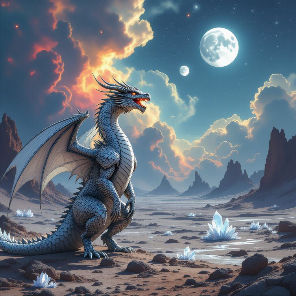 Majestic Dragon on Alien Planet with Twin Moons
