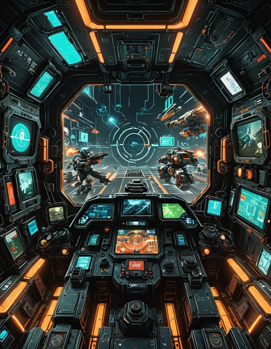 Futuristic Mech Cockpit View with Neon HUD