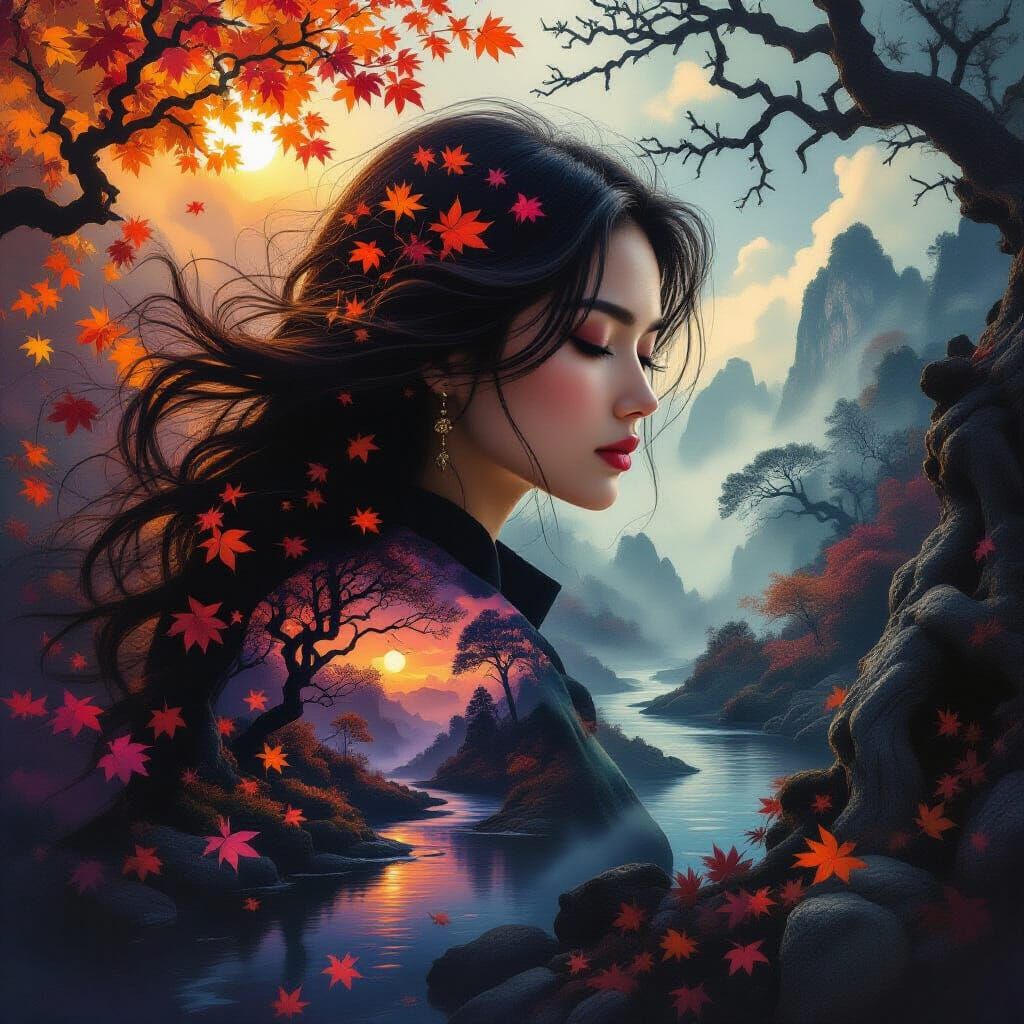 Surreal Double Exposure of Woman Merged with Autumn Garden