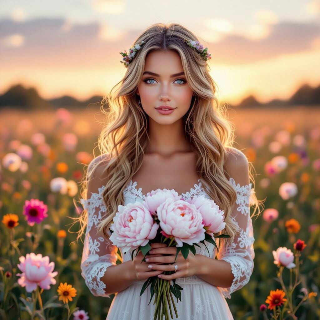 Woman in Wildflower Field at Sunset, Realistic Acrylics