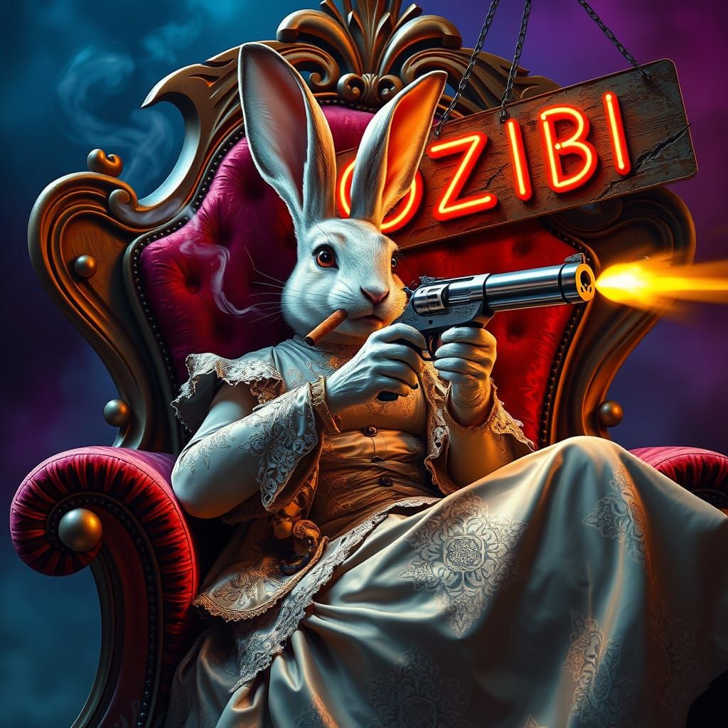 Regal Rabbit Sits on Throne, Pistol Aimed at GOZIBI Sign in...