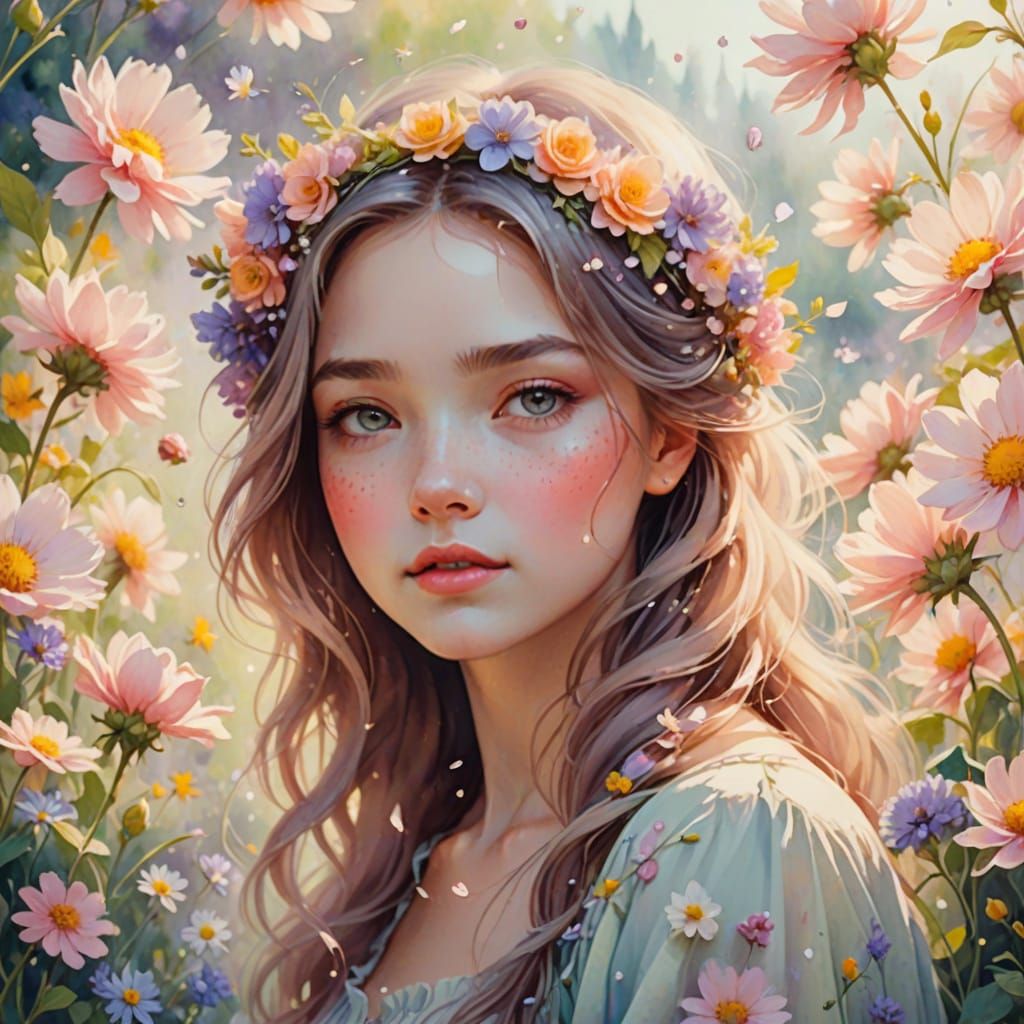 Whimsical Girl Playing with Flowers in Watercolor Style