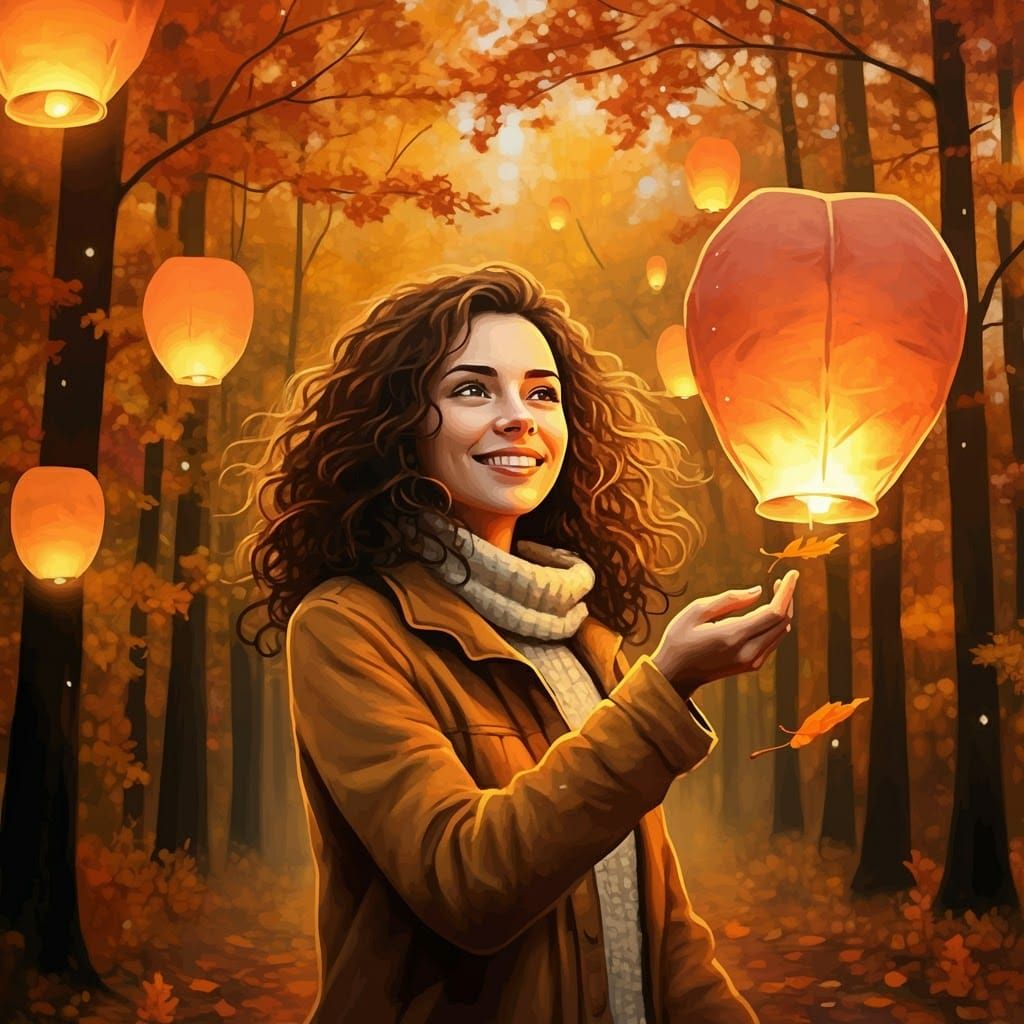 Autumn Woman with Lanterns in Street Art Style