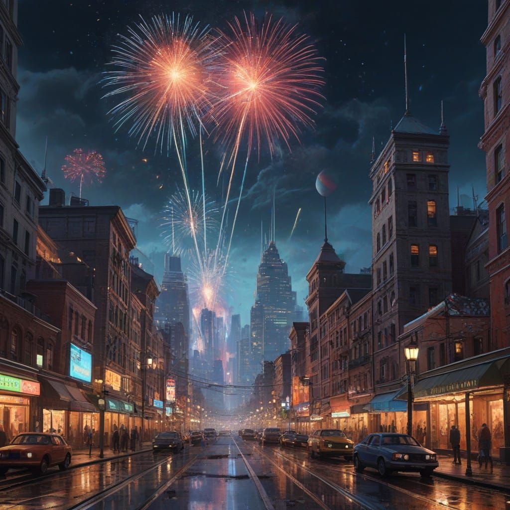 Epic New Year's Celebration in Futuristic Cityscape