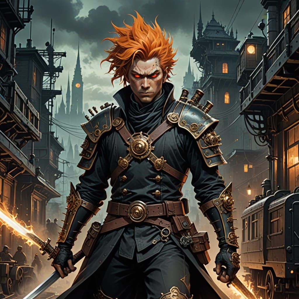 Steampunk Samurai on Cyberpunk Train, Dark Fantasy Style