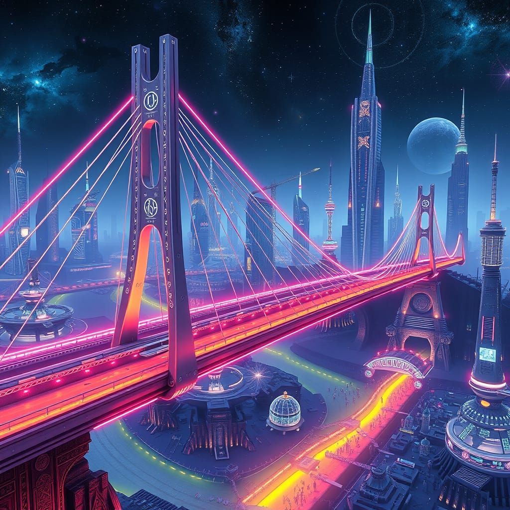 Sleek Futuristic Bridge Illuminated by Neon Lights in Alien ...
