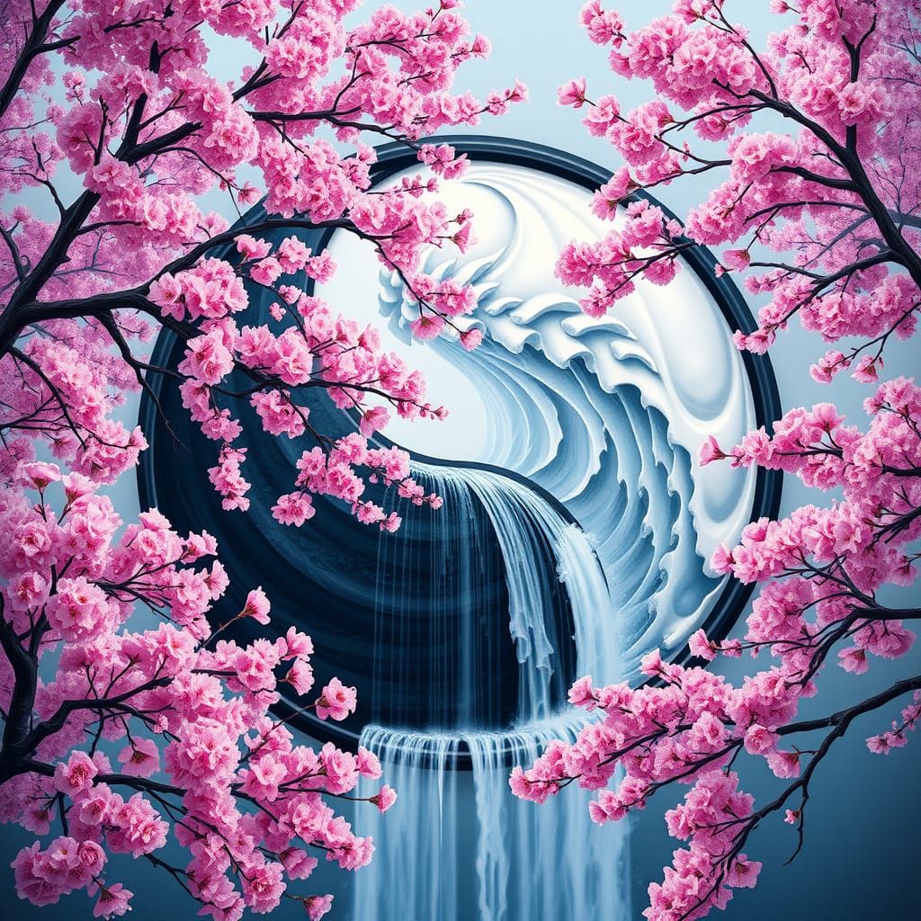 Yin Yang Symbol with Cherry Blossoms and Waterfalls