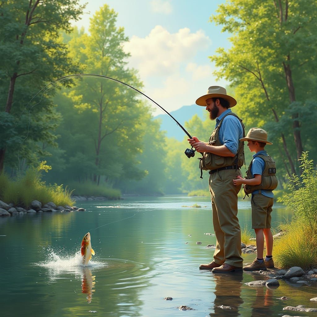 Father and Son Fishing, Bob Ross Style