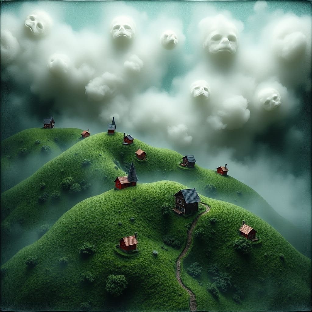 Foggy Green Hills in Surreal Impasto Style