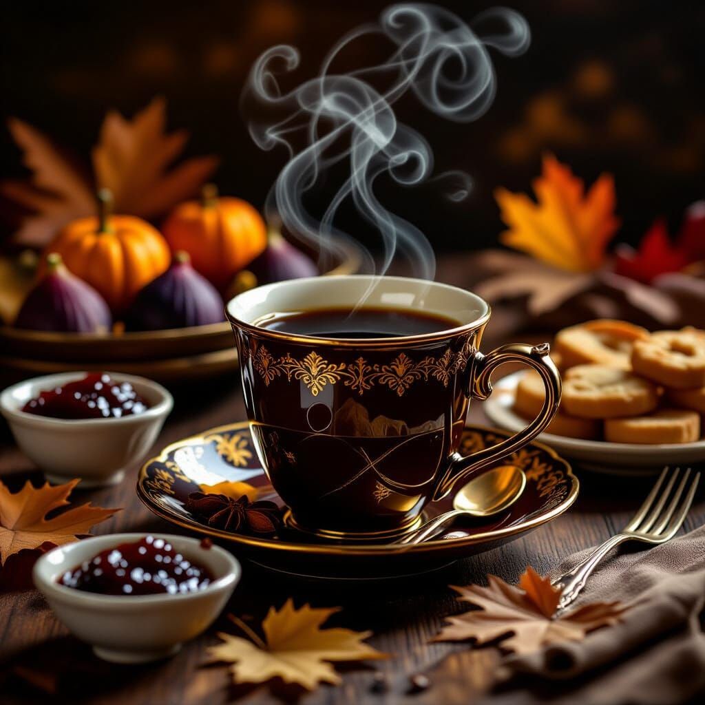 Autumn Harvest Feast with Golden Coffee Cup